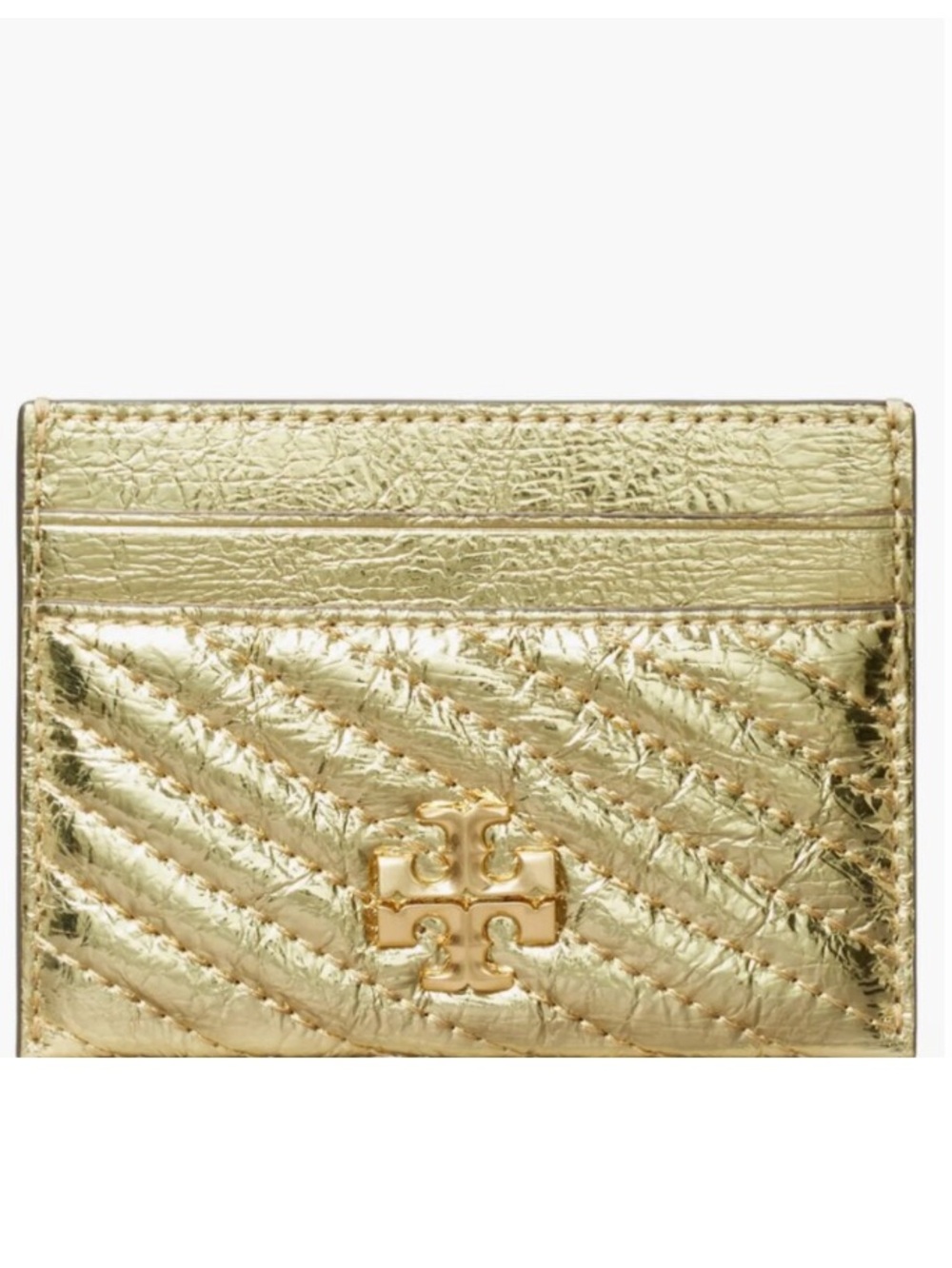 Tory Burch Leather Kira Moto Quilt Metallic Pave Logo Card Case Wallet Gold
